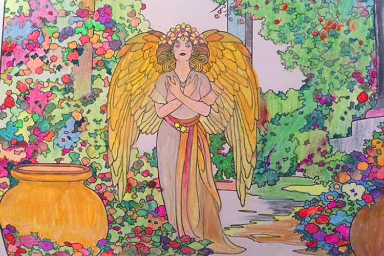 colorful drawing of a woman with large wings and a floral crown standing in a garden with her eyes closed and wrists crossed at her heart
