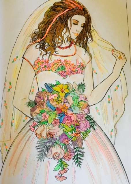 Tarot Reviews Drawing of a Woman Wearing a White Gown and Holding a Brightly Colored Bouquet